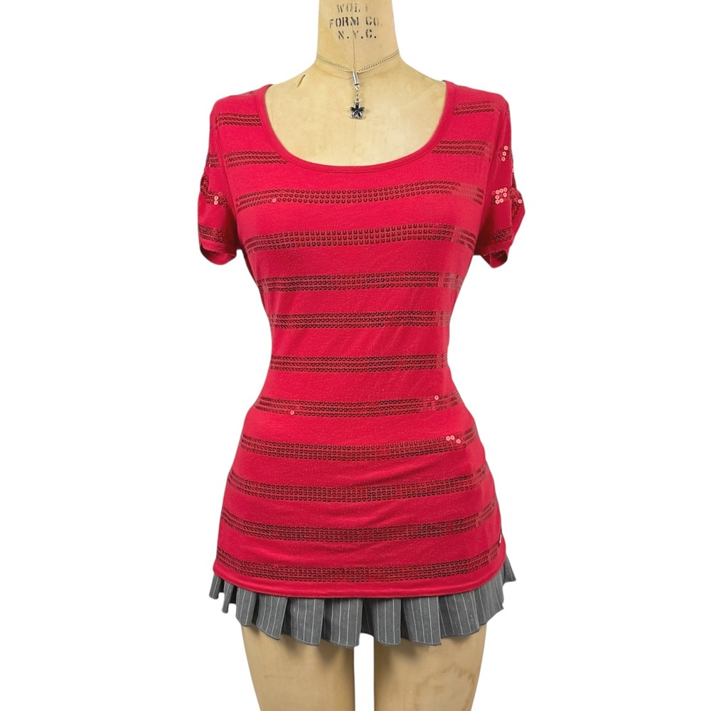 2000s Sequin Striped Top Red Short Ruched Sleeve Glam Party McBling Size M
